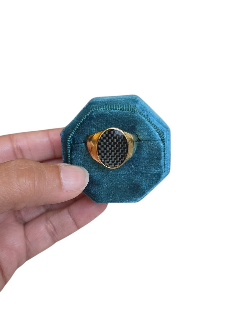 Size 10 Gold-Tone Black Carbon Fiber Accent Signet Ring